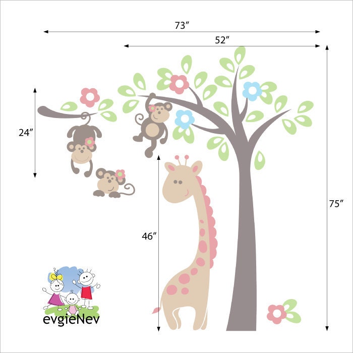 Children Wall Decal Wall Sticker Kids Wall decal Art - Monkeys on the Tree Jungle with Giraffe Wall Stickers - PLSF020R