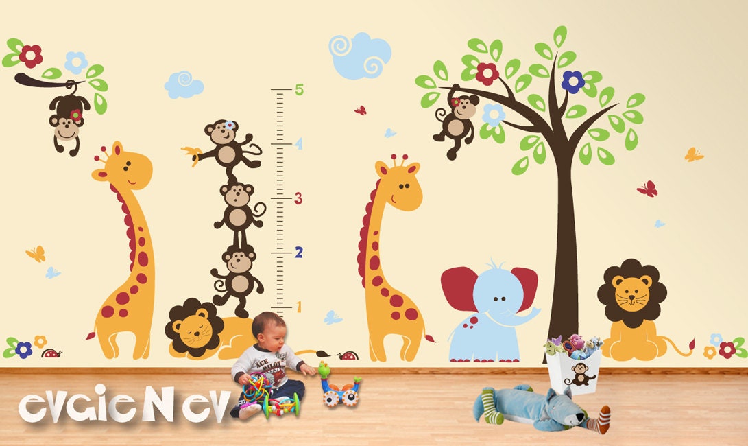 Wall Decals Wall Sticker Nursery Decal  - Monkeys, Giraffes and Lions - Wall Decals Growth Chart - PLSF070