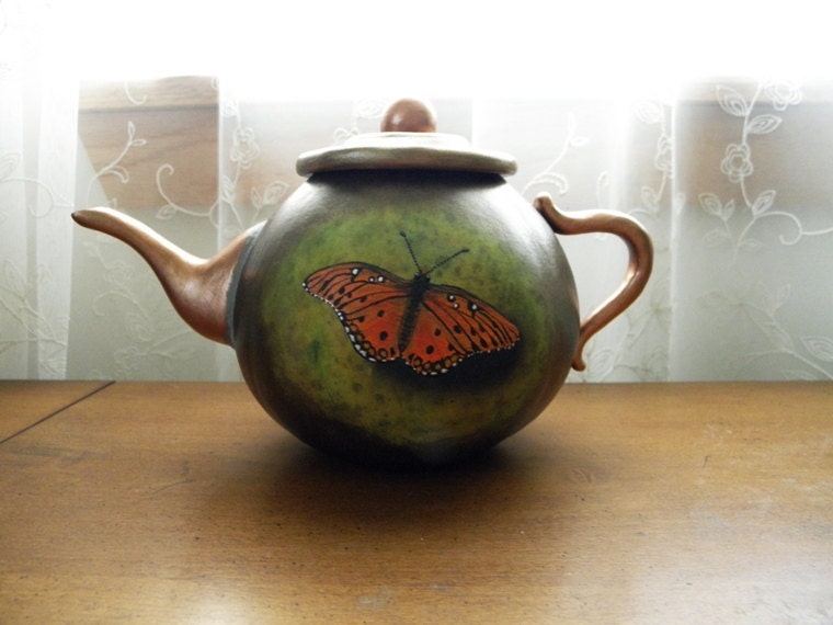 Hand-Carved Painted Butterfly Gourd Faux Teapot - RockySpringsVintage