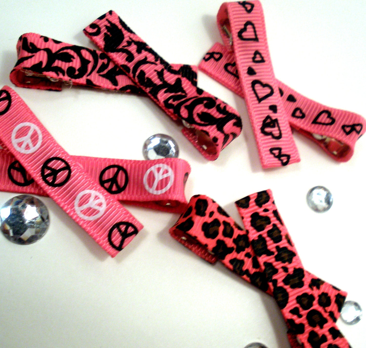 Girls Boutique Hair Bows - Pretty in Pink Bitty Clips (Set of 8) - Pink, Leopard Print, Peace, Hearts, Love, Damask