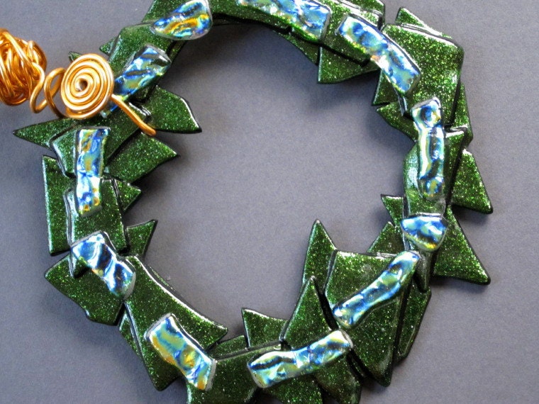 Fused Glass Green Aventurine Wreath Ornament