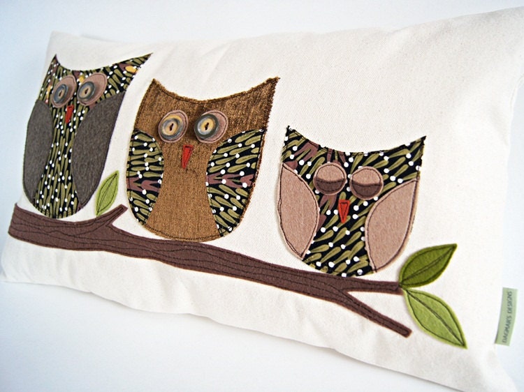Owl Pillow/ Organic Canvas Pillow Cover/ Decorative Pillow/ 12"x20"/ OOAK /  Made To Order