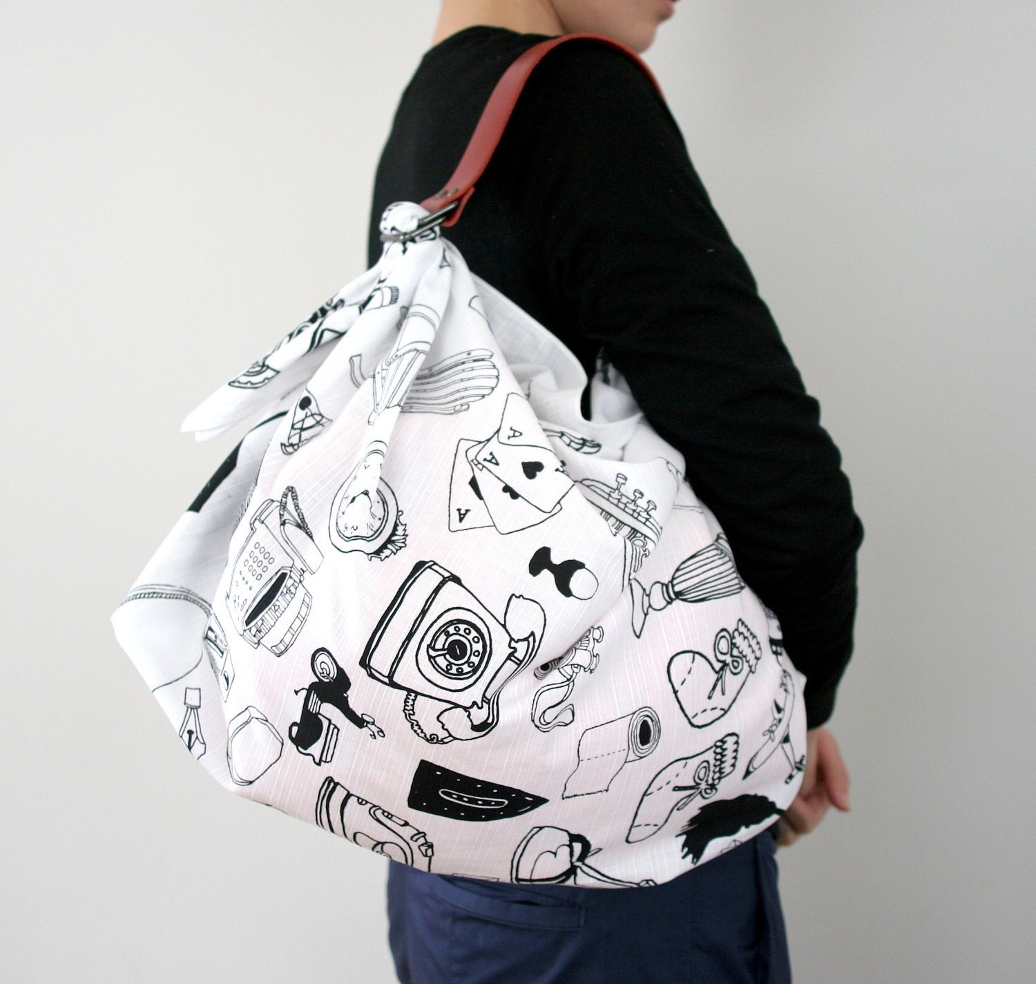 Objects Pattern Furoshiki & Red Leather Carry Strap for Bag Set