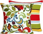 Red and Green Pillow Cover Outdoor 18x18 Floral and Stripes, Outdoor Furniture, Throw Pillow,  Flora Bunga Collection