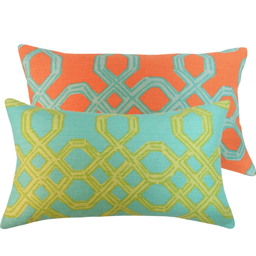 Turquoise Orange Pillow Cover Lilly Pulitzer 12x20 Lumbar Living Room Pillow Nursery Home Decor, Kiwi Sunset Designer Collection