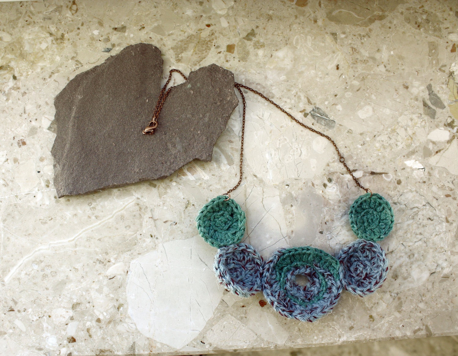 Crochet Necklace with Circles in Teal, Light Blue and Purple..Lace Necklace