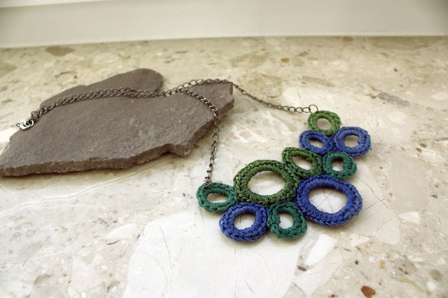 Circles crochet Necklace in Blue and Green with chain - Wearable art Crochet Pendant