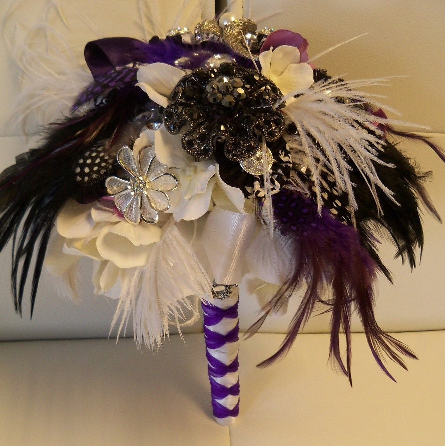 SALE Deco Purple and Ivory Hydrangea Bridal Bouquet with Feathers and Brooches - Vintage Keepsake Heirloom