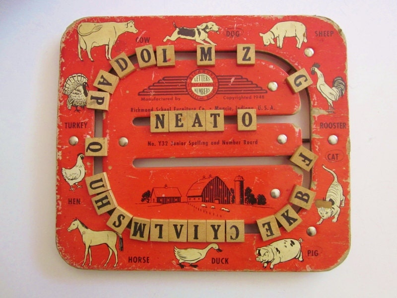 Vintage Childs Spelling Board Letters Numbers 1948