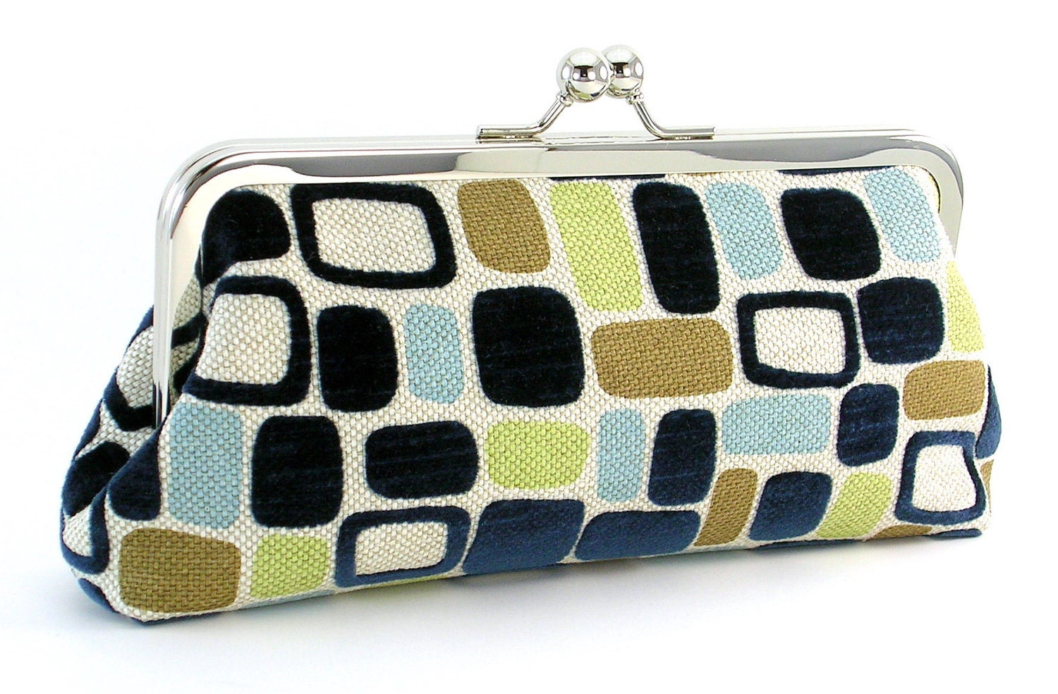 Navy Linen Retro Mod Squares Clutch Handbag by Bagboy