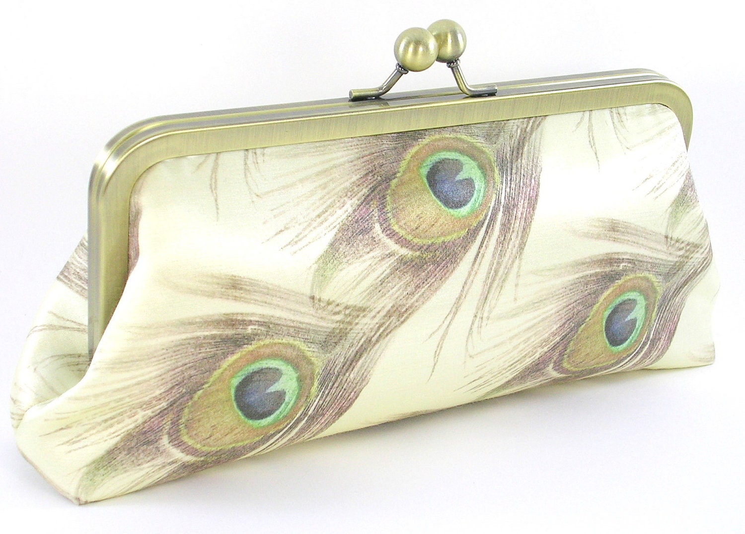 Bridal Peacock Feather Clutch - Ivory Silk - Wedding Bag