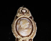Shell cameo beaded brooch