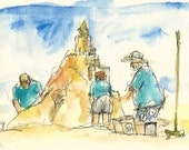 Sandcastle Family Print done of a Sketch done in watercolor and pen
