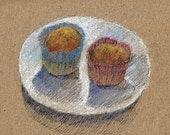 Banana Muffins Card, print of a sketch done with pen and pastel on recycled brown paper
