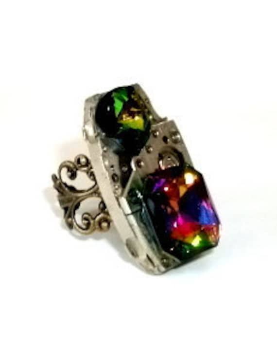 Steampunk,steampunk ring,swarovski ring,adjustable ring,crystal ring,glimer decadence,filagree ring,great gift for her