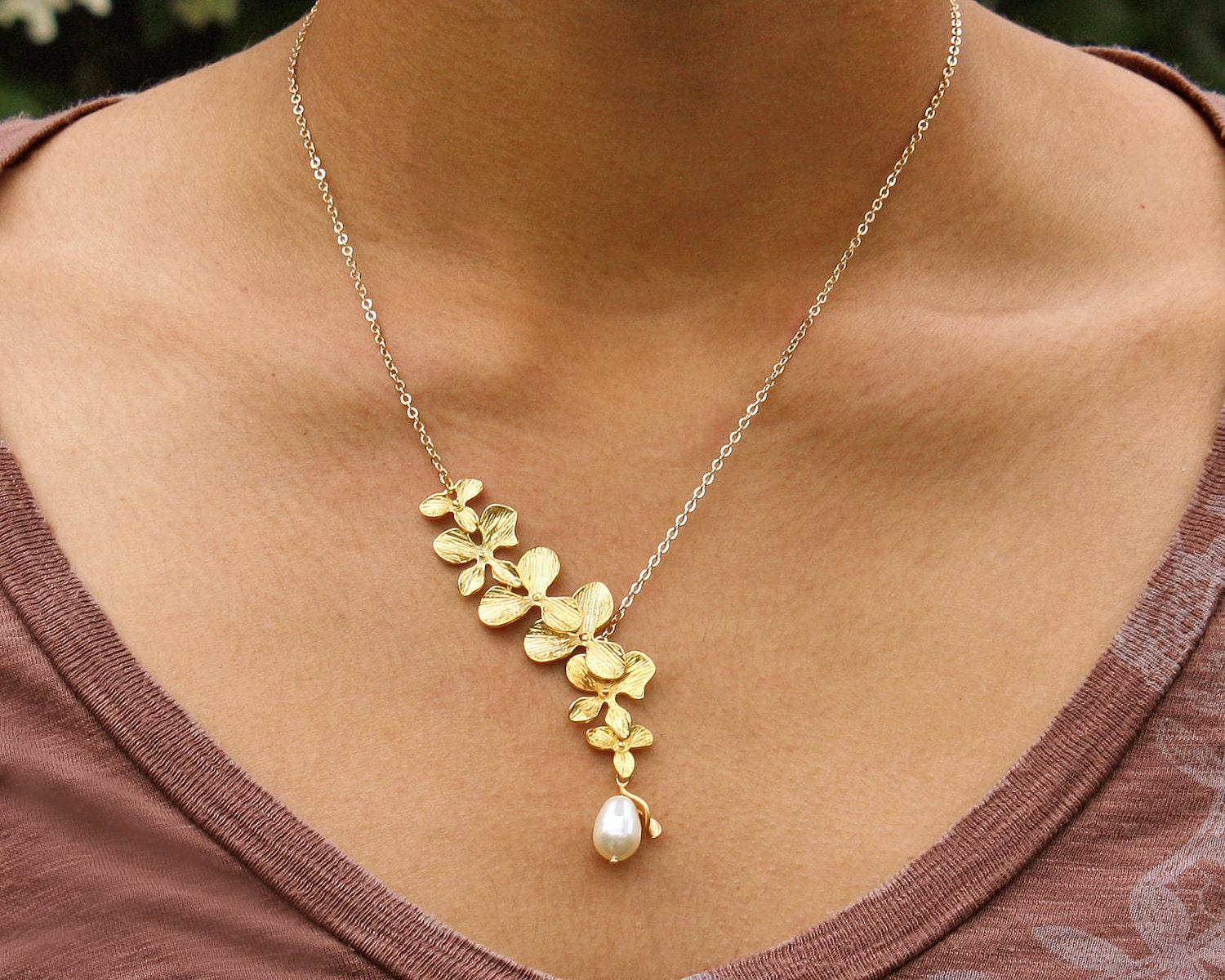 SALE Angelita fruity necklace with orchid cascade and a teardrop pearl chain necklace