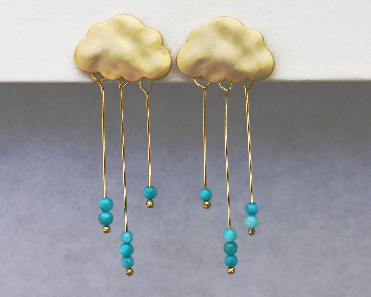 SALE English Rain cloud earrings.  stud post gold earrings with tiny dangly turquoise rondelles