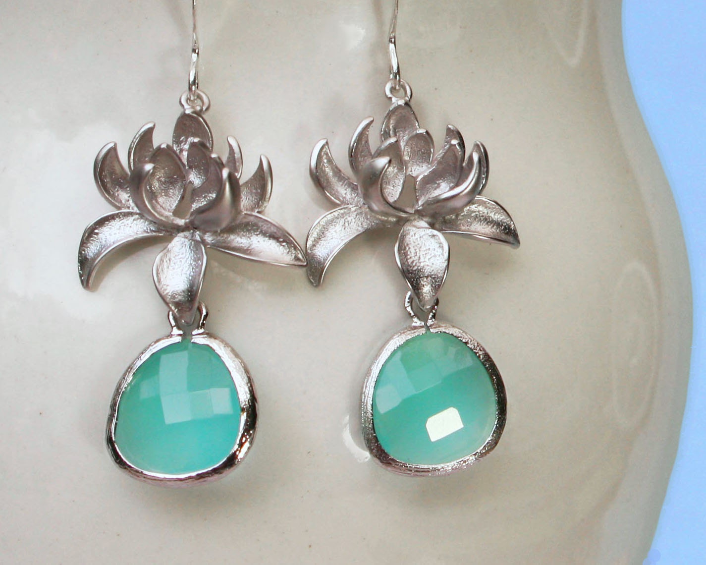 SALE Lotus flower earrings. Silver and aqua earrings with framed crystal drop weddings bridal prom