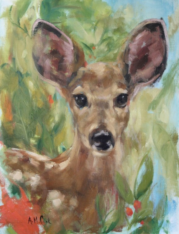 Deer Art, ORIGINAL Oil Painting, Woodland Art, Fawn Art, 12 x 16 inch