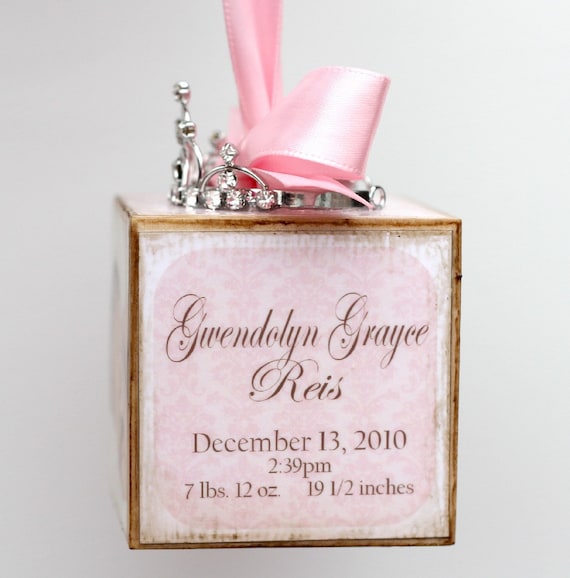 Personalized Pink Princess Tiara Birth Announcement Photo Baby Block Ornament Shower Gift Girl Nursery Decor