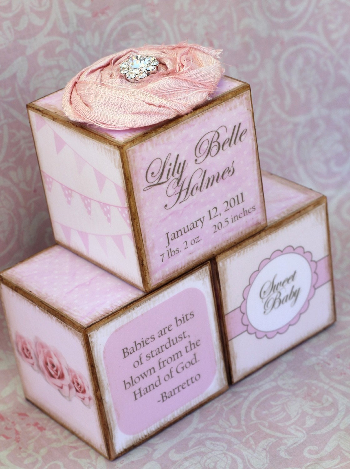 Personalized Vintage Pink Birth Announcement Photo Blocks Trio Gift