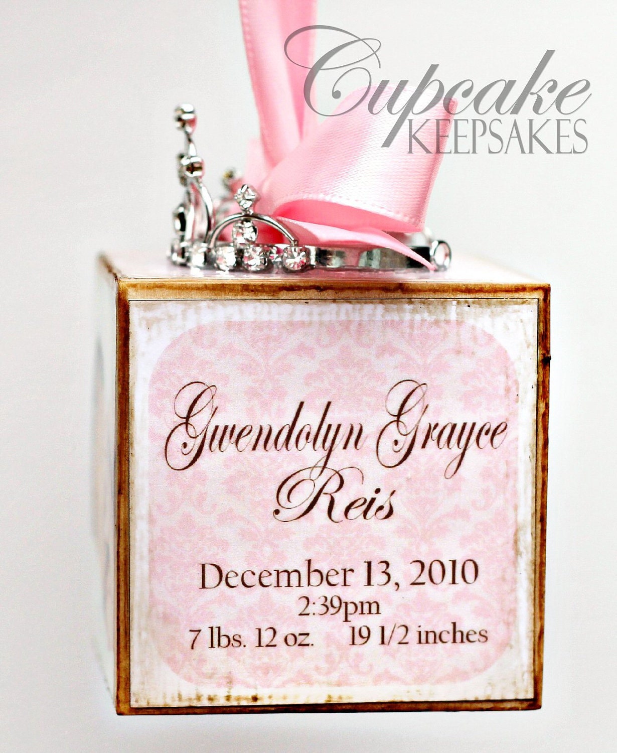 Personalized Pink Princess Tiara Birth Announcement Photo Baby Block Ornament Shower Gift Girl Nursery Decor