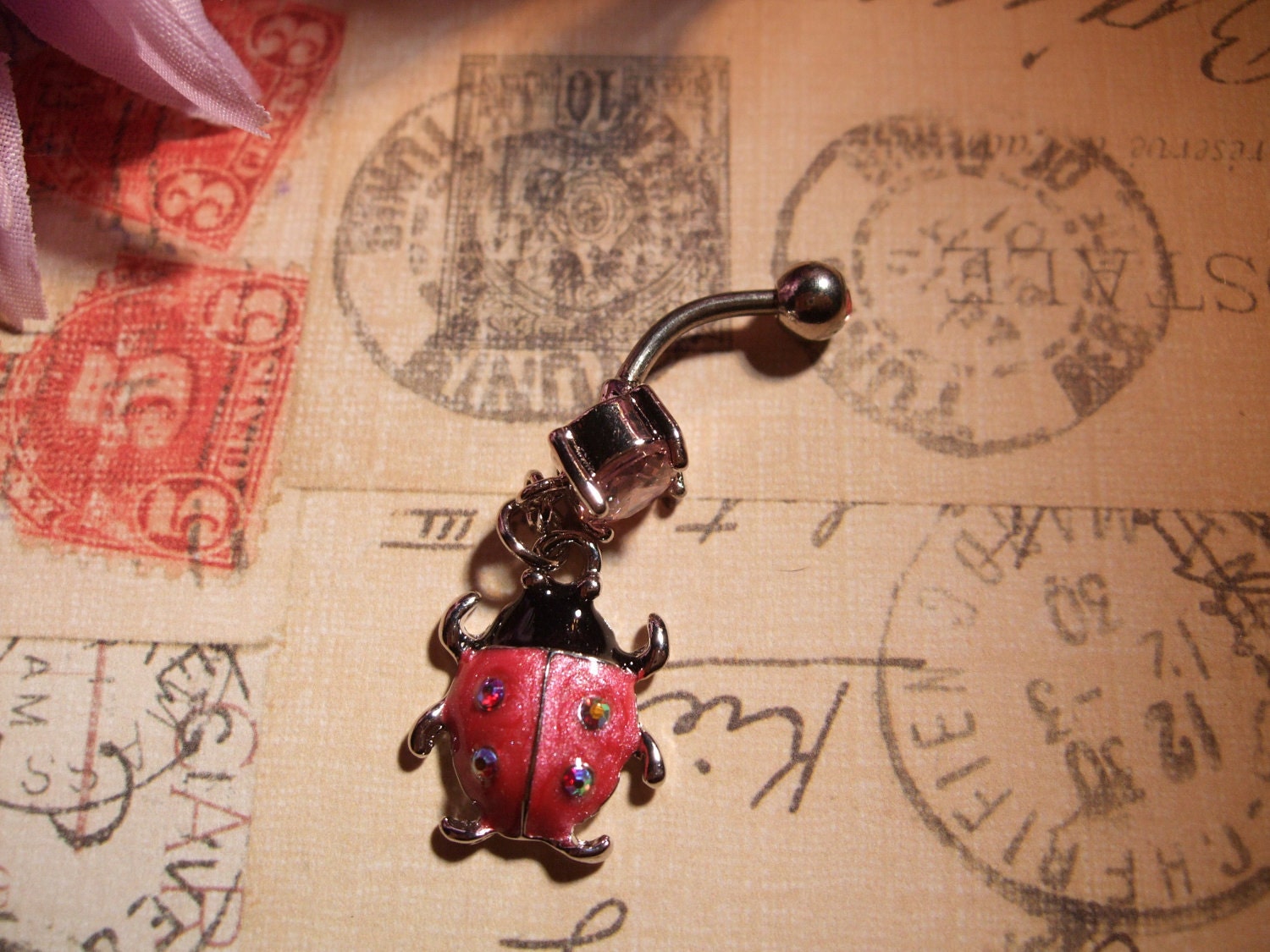 Belly Button Ring Pink Enameled Lady Bug Rhinestone Charm