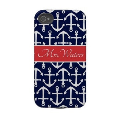 Personalized iPhone 4 Case- Tough Case- Navy Anchors