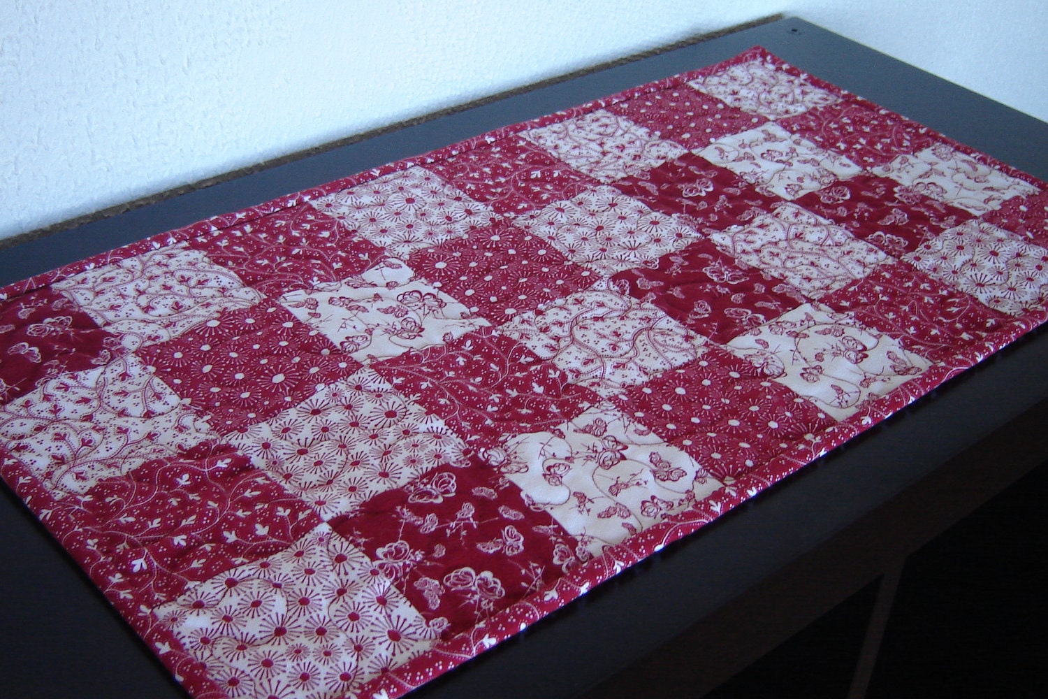 Quilted Table Runner Red and White (12" x 24")