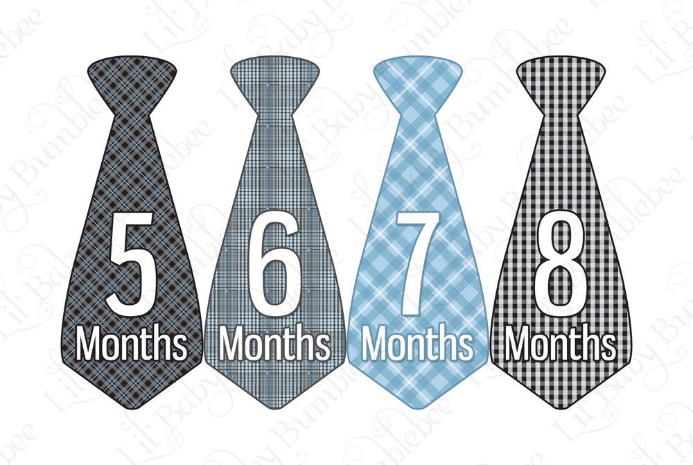 Tie Monthly Onesie Stickers - Ivan - All Boy Gingham and Plaids in Blue, Gray, and Black - Baby Month Stickers