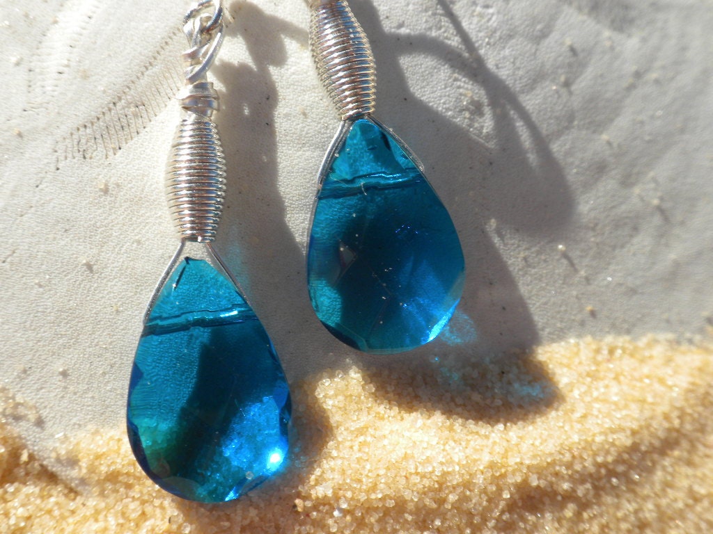 Pretty, Blue Glass Dangle Earrings with Silver Hand Wired Wrapped