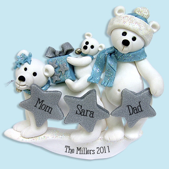 Polar Bear Family of 3 Polymer Clay Personalized Christmas Family Ornament