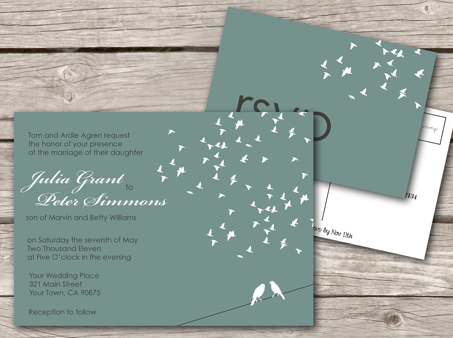 Modern Printable Wedding Invitation and RSVP- Customize with your colors. birds flying. diy