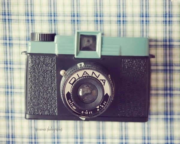 Vintage Diana Camera Photography - Plaid Diana - Turquoise Black Retro Diana Camera Photography Print (5x7) Blue Cream Camera Art