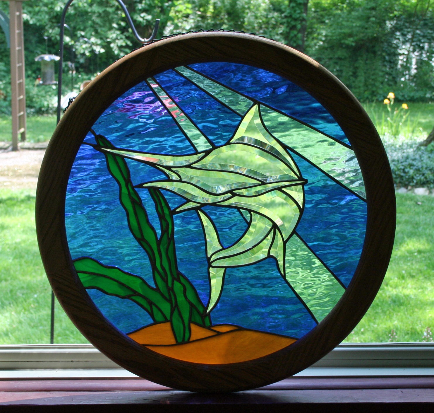 Beveled Stained Glass Framed Marlin Panel