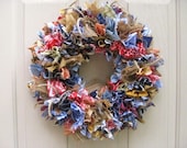 Fabric Wreath, Rag Wreath, Blue Jeans Denim Burlap Bandana Door Wreath, Southwestern Wreath, Cowboy Decor, Rodeo Wreath, Western Decoration