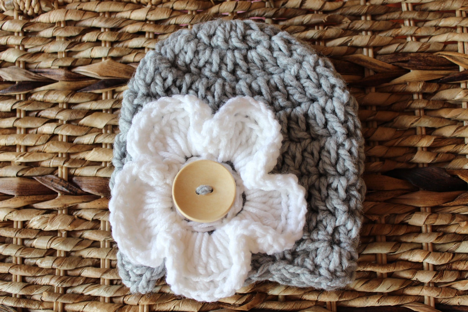 Crocheted Chunky Baby Hat 0 - 3 Months - Gray With White Pansy Flower -Ready to ship
