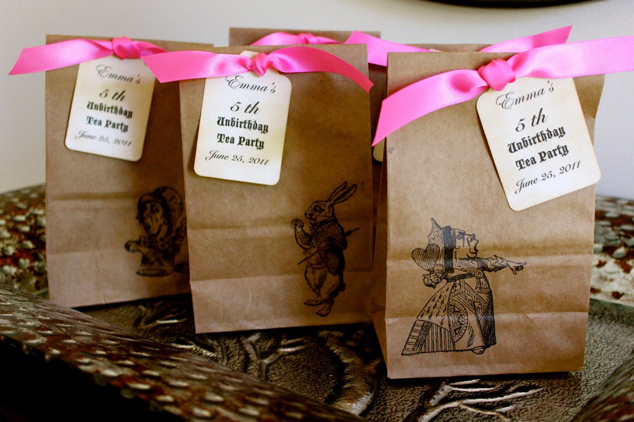 SET OF 10 - Alice in Wonderland Party  Favor Bags  - LARGE - You Choose Ribbon Color