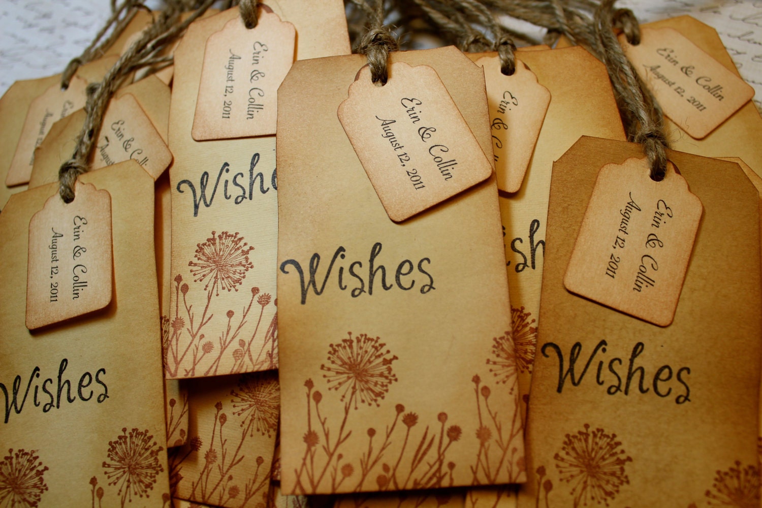 Vintage Inspired Tags - Dandelion - Wedding Wishes - Set of 5 - Jute or ribbon (color of your choice)