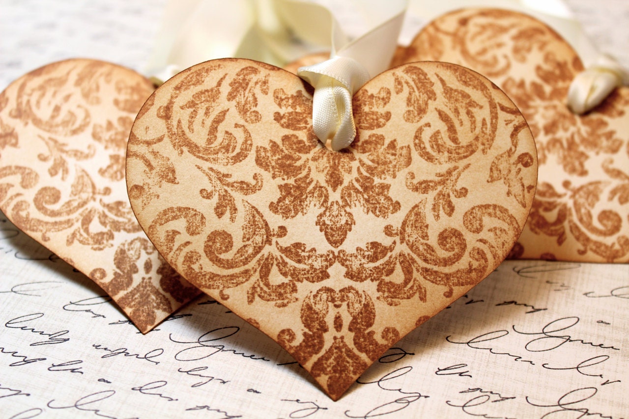 Vintage Inspired Love/Wedding Wish Tags - Heart - Tapestry Pattern - Set of 5