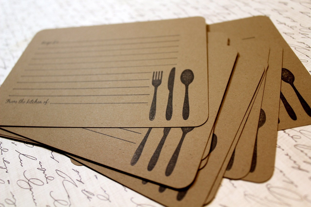 Set of 10 Vintage Inspired Kraft Recipe Cards - Utensils