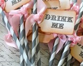 DRINK ME Gray & White Barber Pole Straws and Tags - Set of 12 - You Choose Ribbon Color