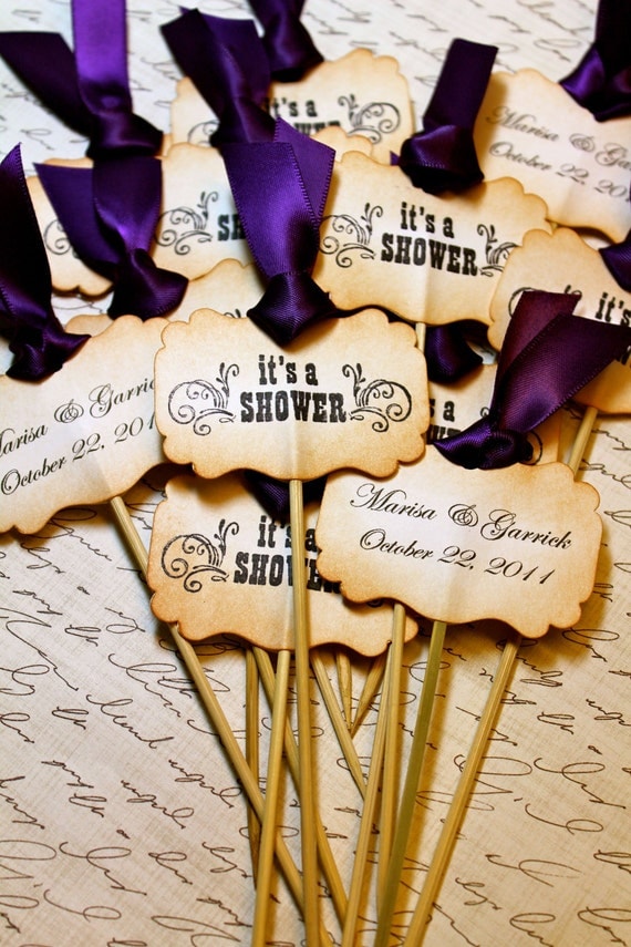 Vintage Inspired Wedding & Bridal Shower Cupcake Toppers - Set of 12 - Personalized - You Choose Ribbon Color
