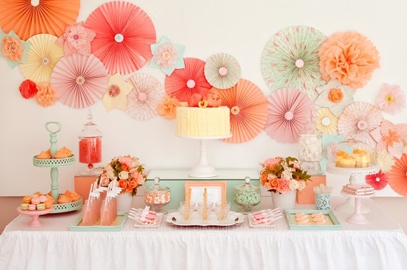 Party Decor Pack ... 12 Pomwheels . 5 Pompoms . cardstock accents .... Pick Your Colors // wedding // birthday // party decoration Il_570xn