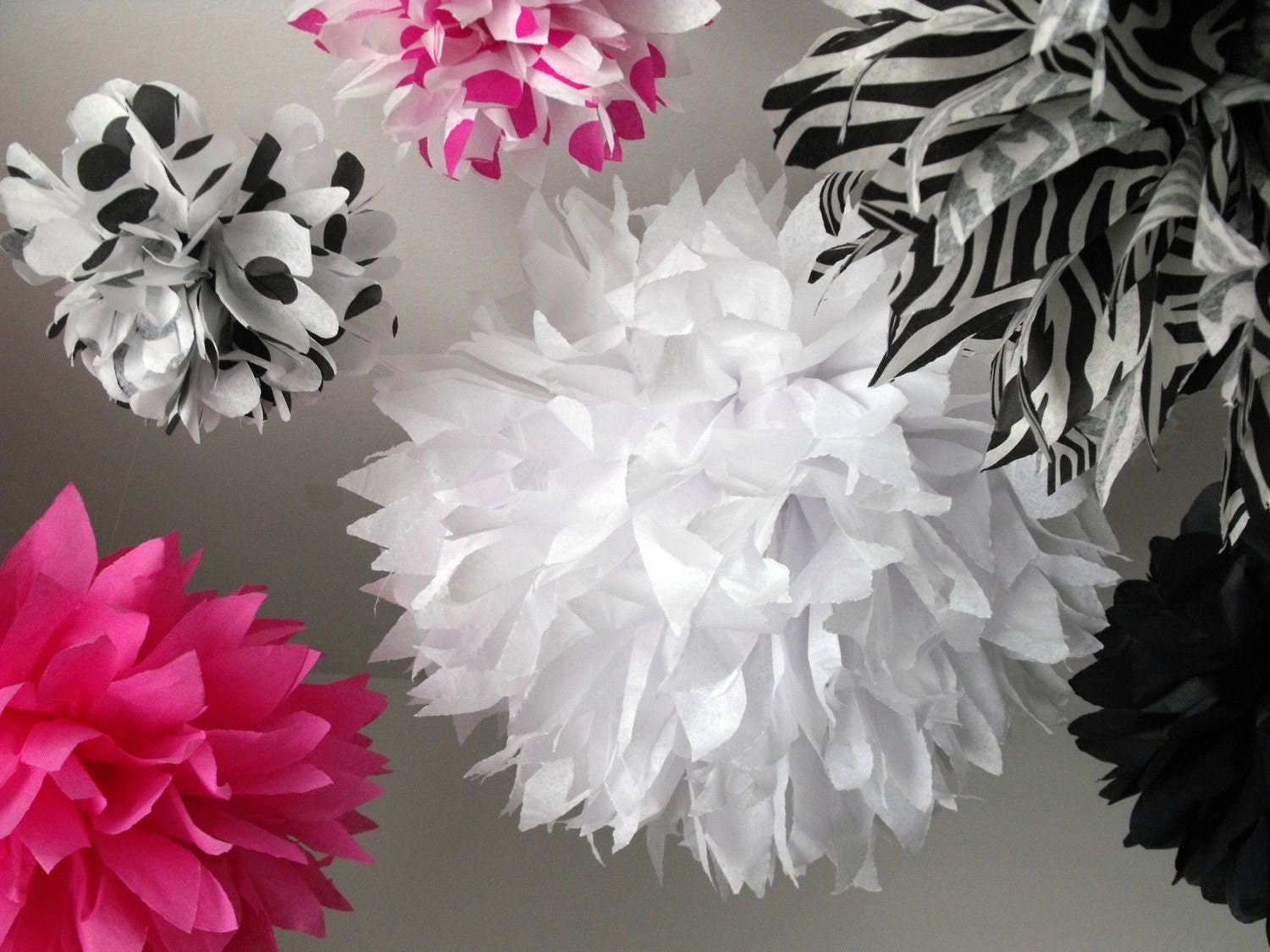 Zebra party decorations ... 10 pompoms - hot pink princess