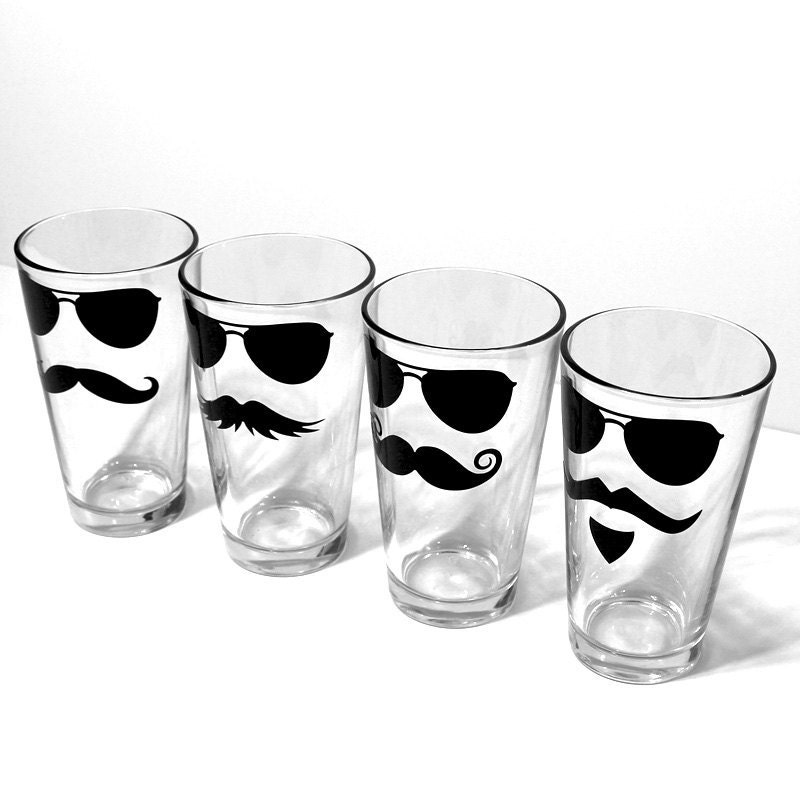 Incognito Mustache and Glasses  Drinking Glass Set - Fun Glassware Bar Ware 4 Piece Pint Size  Set - MustacheGlass