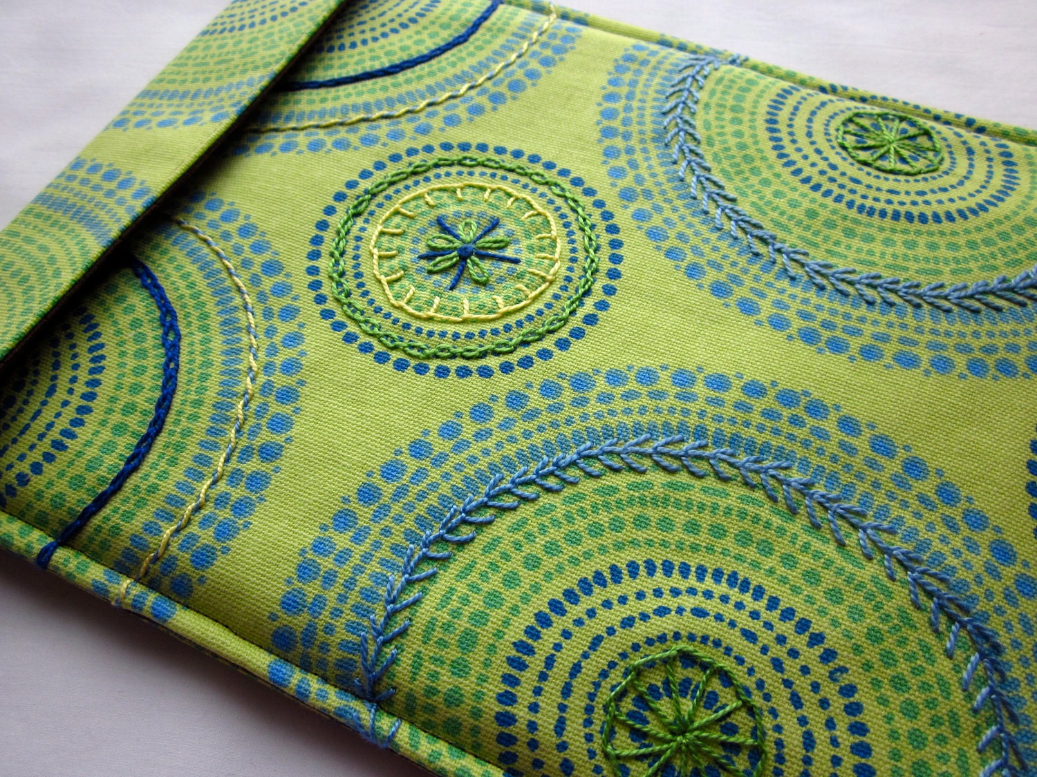 iPad 2 sleeve - hand embroidered iPad 2 cover - tablet case - lime green, blue and yellow kaleidoscope - quilt lined slim design