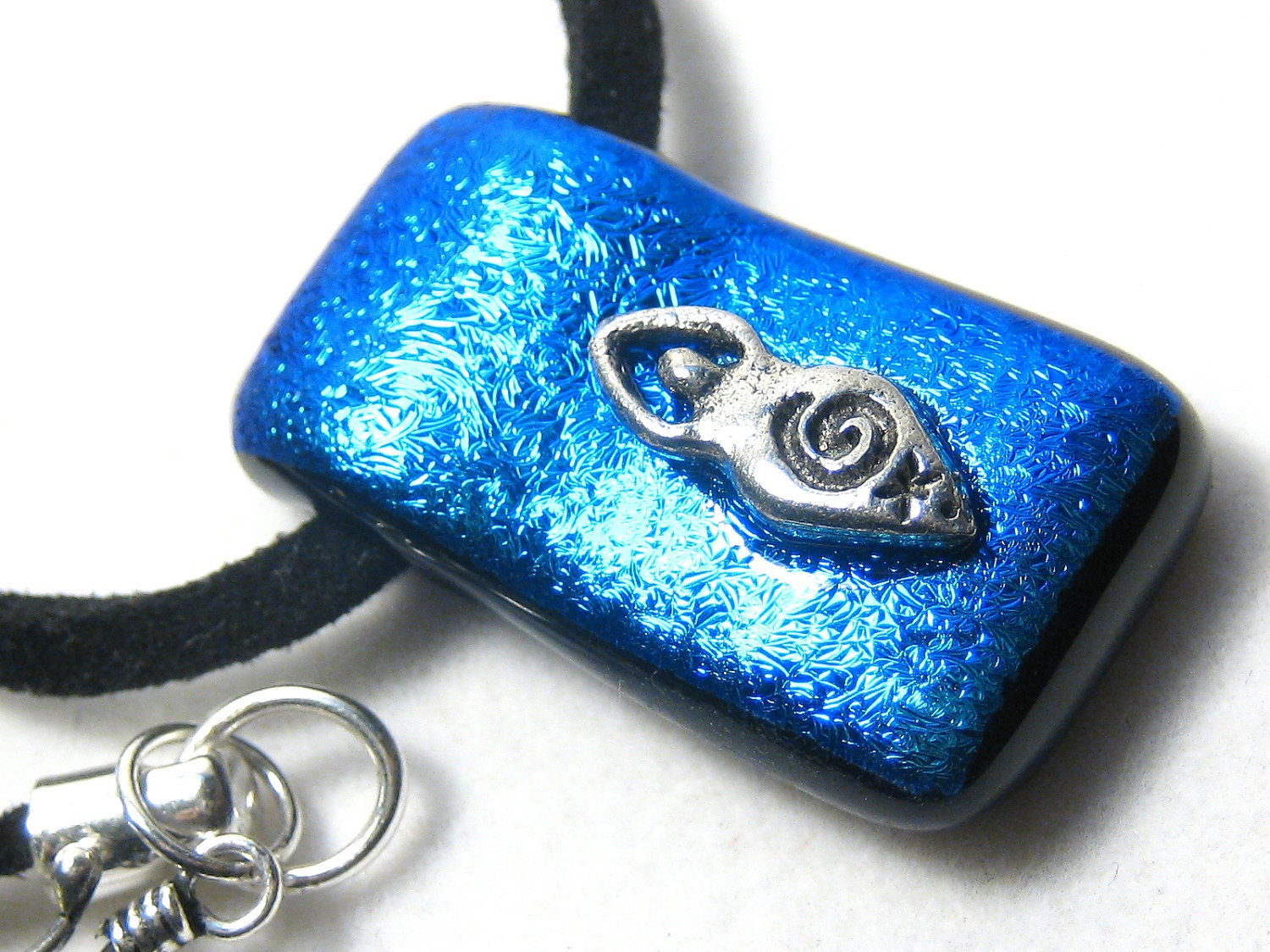 Blue Dichroic Glass Goddess Pendant Black Suede Leather Necklace