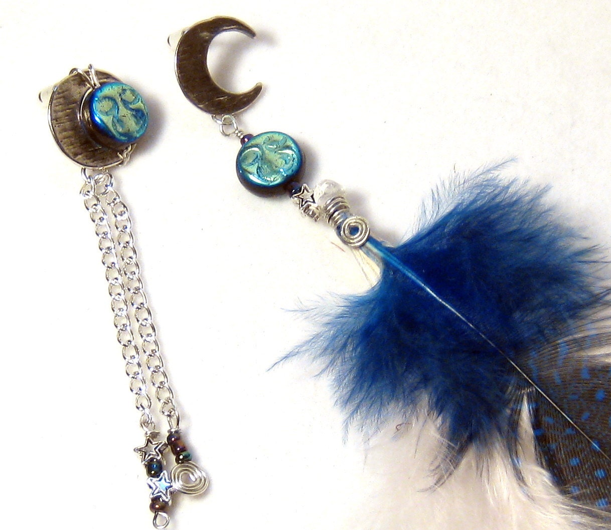 Blue White Feather Crescent Moon Wire Wrapped Post Earrings