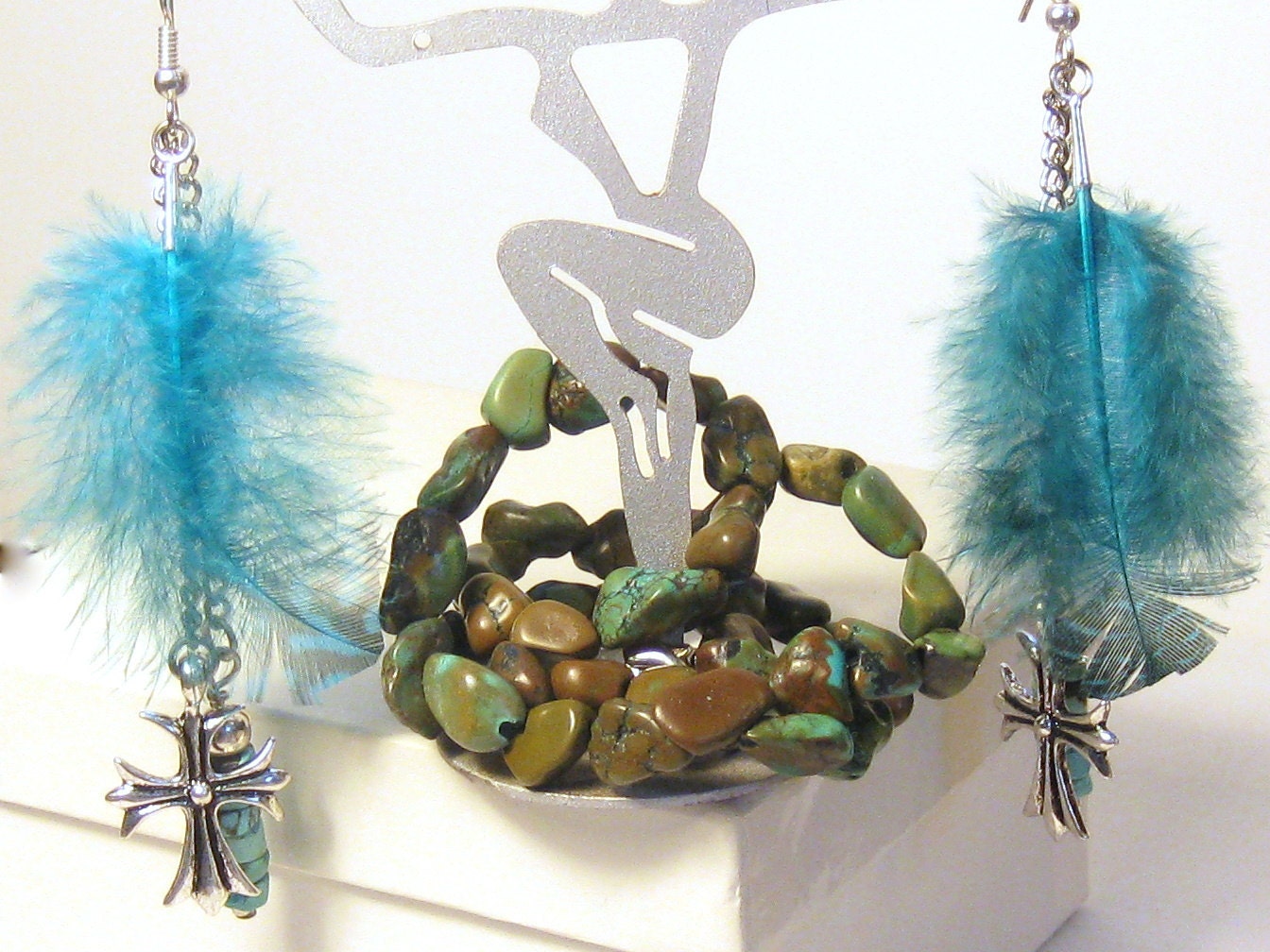 Turquoise Feather Gothic Cross Chain Earrings Boho Hippie